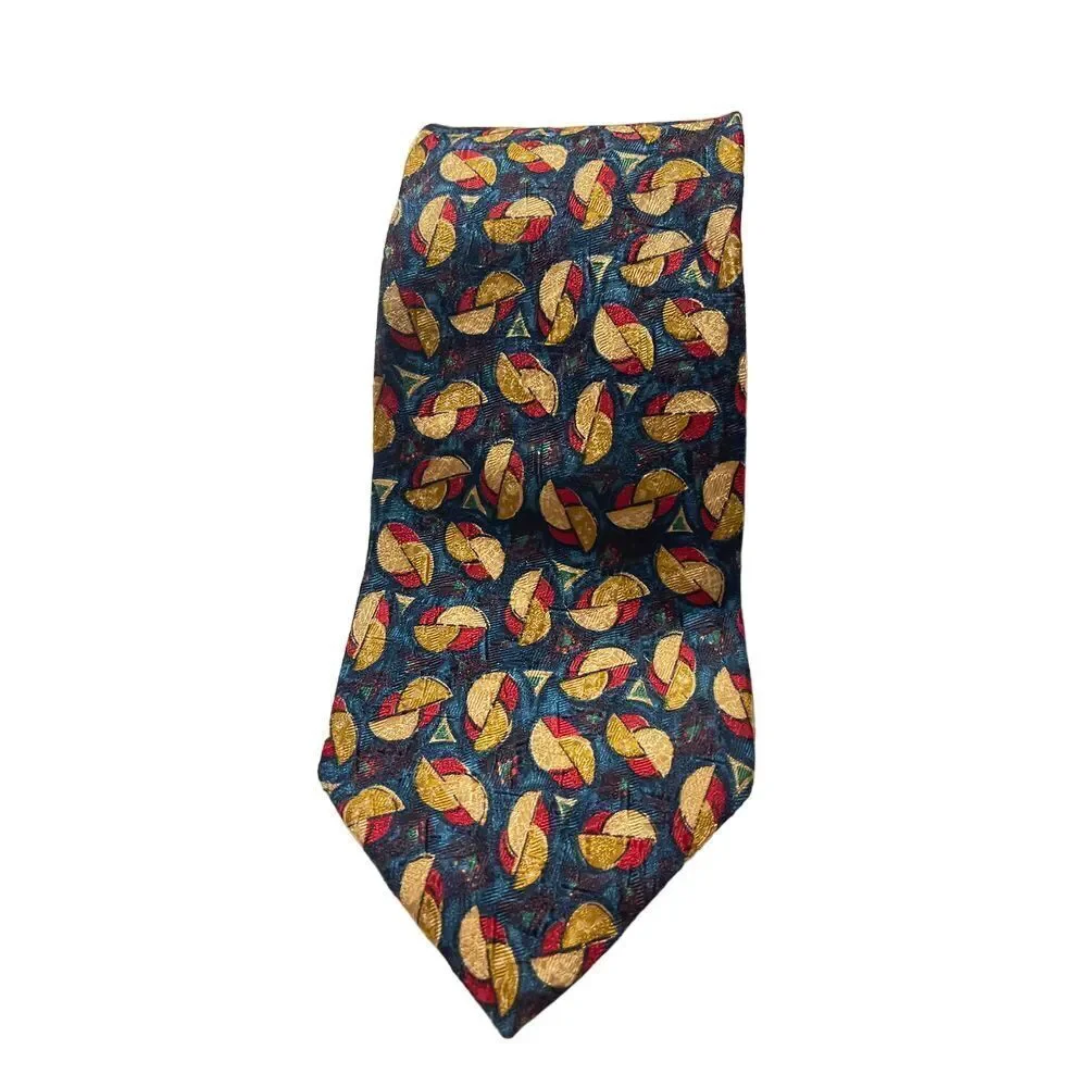Ermenegildo Zegna Silk Tie Navy Blue Gold Red Abstract Geometric Pattern Z-7‎